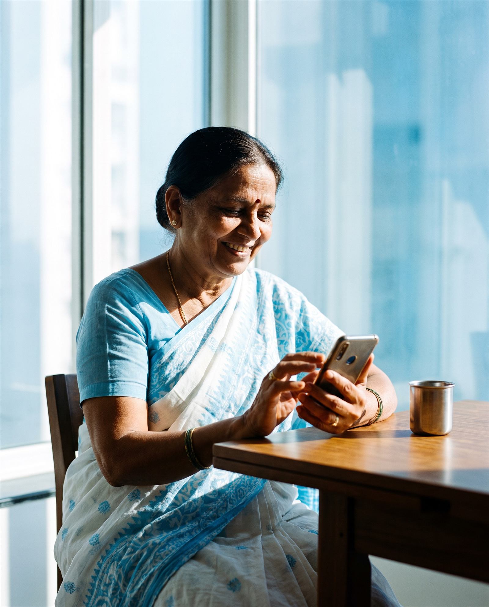 An older woman sitting by a window at home, holding a phone and smiling at something she has just heard.