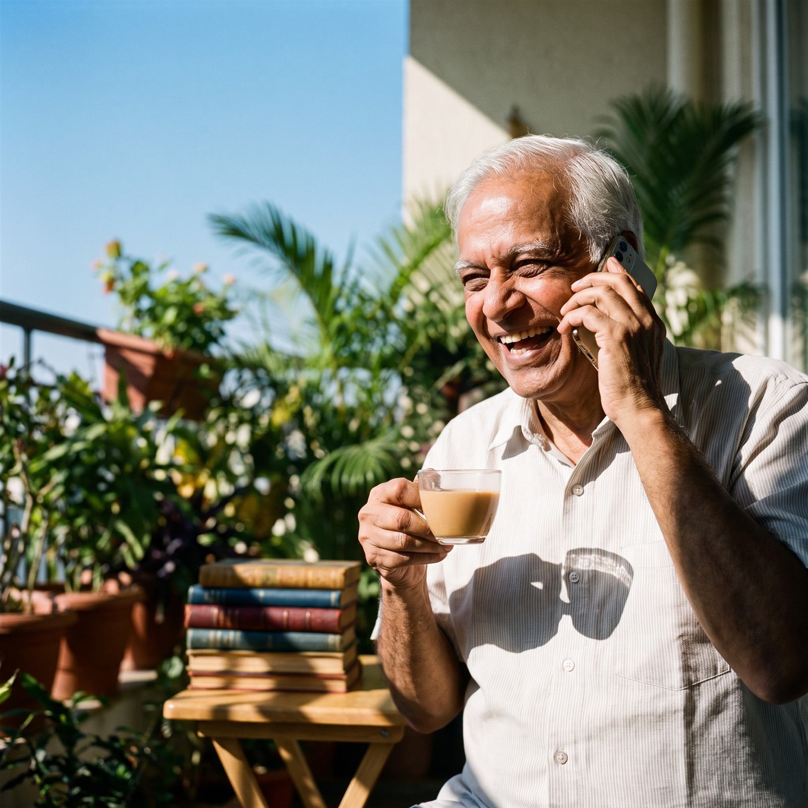 An older man holding his phone to his ear, listening.